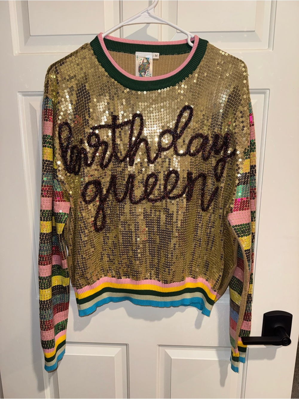 QUEEN OF SPARKLES Gold Sequin "Birthday Queen" Sweater with Multi-Color Stripes